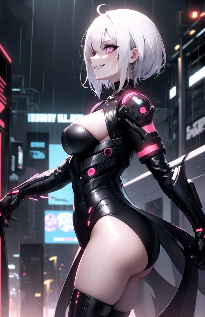 cute, woman, Sexy Face, Yellow Eyes, Gray Hair, The body is slim, Sexy pose, Pink tights, Mecha, Neon Signs, Leading the Night City, View from above, high quality, Realistic, Beautiful light, Full details, Black background