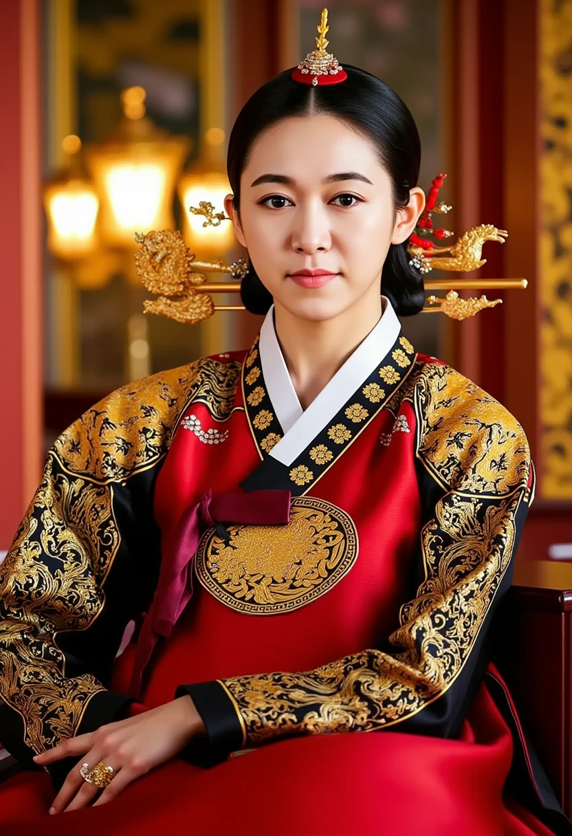 [CHARACTER: Tang Dynasty Imperial Noblewoman]  
Appearance: A breathtakingly beautiful Chinese woman with luminous porcelain skin, elegant oval face, soft round eyes, and an aura of authority mixed with sensuality.  
Outfit: Wearing an **extravagant Tang Dynasty hanfu**, with layers of **rich silk robes** in hues of deep red, gold, or royal purple, adorned with **phoenix and peony embroidery**, golden trims, and flowing wide sleeves. Her outer robe drapes gracefully, revealing inner layers with intricate brocade.  
Hair: Styled in a **tall, elaborate Tang court updo**, decorated with **gold phoenix pins**, **jeweled crowns**, **floral hair ornaments**, and **dangling pearl strings**.  
Expression: Regal and composed, with a soft, knowing smile or a serene, powerful gaze — full of imperial charm and timeless grace.  

[SCENE]  
Location: Standing or seated in a **Tang Dynasty palace hall**, or on a marble terrace with carved dragons, red pillars, and hanging silk drapes. Optionally near **an imperial lotus garden** or **silk-curtained balcony** overlooking the court.  
Lighting: Warm golden indoor lighting, with beams of sunlight from tall windows or lanterns casting soft highlights on silk textures and jewelry.  
Mood: Grand, majestic, and intimate — capturing the elegance and dominance of a woman born to rule.  

[CAMERA]  
Full-body or mid-length portrait, capturing the flow of the robes, the headdress, and facial expression. Side angle or slight tilt for cinematic drama.  

[STYLE]  
Ultra-realistic 8K, cinematic lighting, dramatic shadows, soft focus on background to enhance regal presence.  
Avoid cartoonish tone — use royal color palette, authentic textures, and Tang Dynasty aesthetics.
