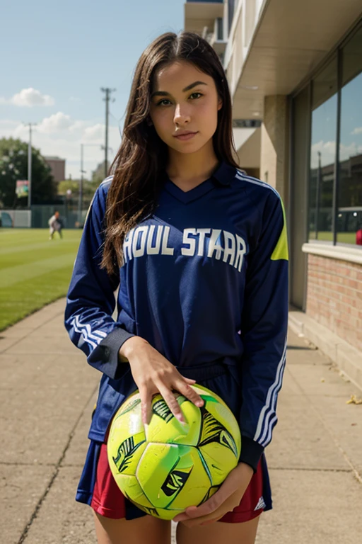 1girl in, 30 years old, Square face, Long hair, Looking at the viewer, jewelry, Realistic, Sexy, soccer team outfit, field background - stadium - stands, freestyle pose