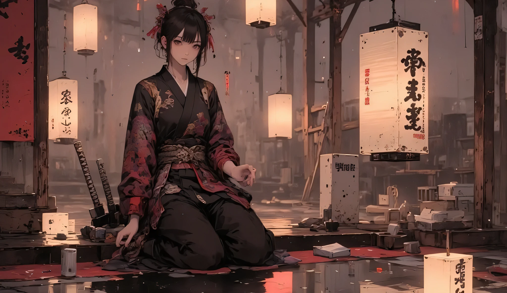 (masterpiece, ultra detailed,best quality,(((SIMPLE COLOR BACKGROUND))),Samurai Girl, Shine,sword,I have a big rice ball, black hair, Alone, reflection, katana, 1 girl, long hair, Hair Bun, reflection性の床, holding 武器, pants, black pants, holding, is sitting, holding sword, sheath, Long Sleeve , Blur, lantern, double bun , depth of writing, knight , Watch Viewers , shoes, closed mouth , 白いshoes, full body, paper lantern, red eyes, Japanese clothing, Shine