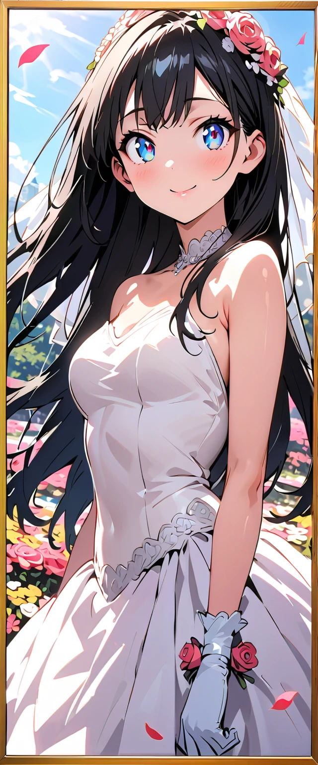 Anime- (masterpiece), Highest quality, Seductive eyes, Mature Face, Dark blue eyes, Shiny long black hair, Puff Sleep, White long one-piece dress, (((White Veil))), Tall Woman, Long, slender limbs, Mature woman, One girl, Shapely large breasts, Gold cross around neck,calm and gentle smile,