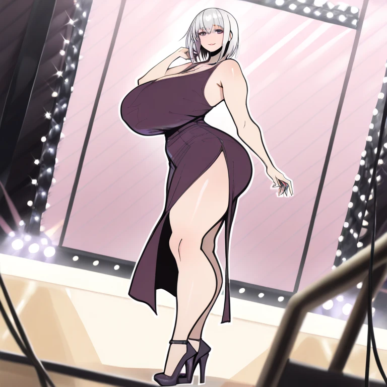 Ryouna_(Senran Kagura), beautiful girl with fair skin, blonde hair, wearing a lustrous black dress that highlights her wide hips, wide shoulders, and big breasts, cleavage, and big ass. She is wearing open-toe heels with red painted toenails and nails. She is a tall girl standing in a crowd, with an ethereal, score_10, ballad-like atmosphere, in a 2.5D style.