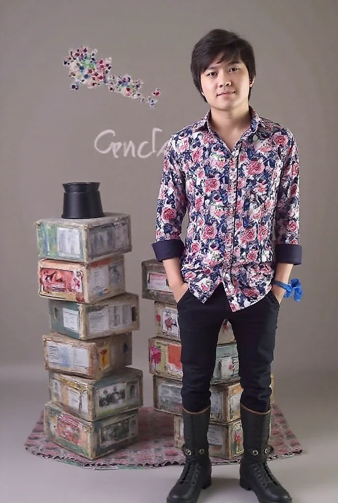 A boy wears a purple shirt with a striped pattern, striped pants, and black shoes, the wears a necklace, in the background there is a large pot with green plants and there is also a newspaper, a white wall.