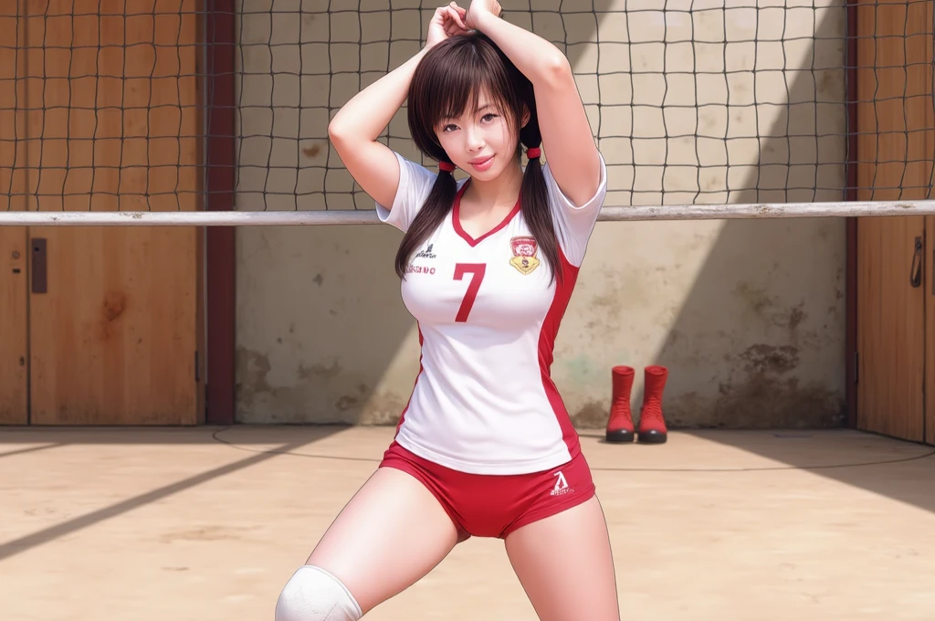 (8K,An ultra-high picture quality,ultra-quality,hight resolution,masterpiece:1.5),((Realistic)),(Cowboy Shot),Looking at Viewer,1girl in,pale skin,Short hair,Smile,(Japanese volleyball player standing),red and white sleeveless,short trousers of black color,Black High Socks,Absolute area,beauty legs,kawaii,A smile,Stadium