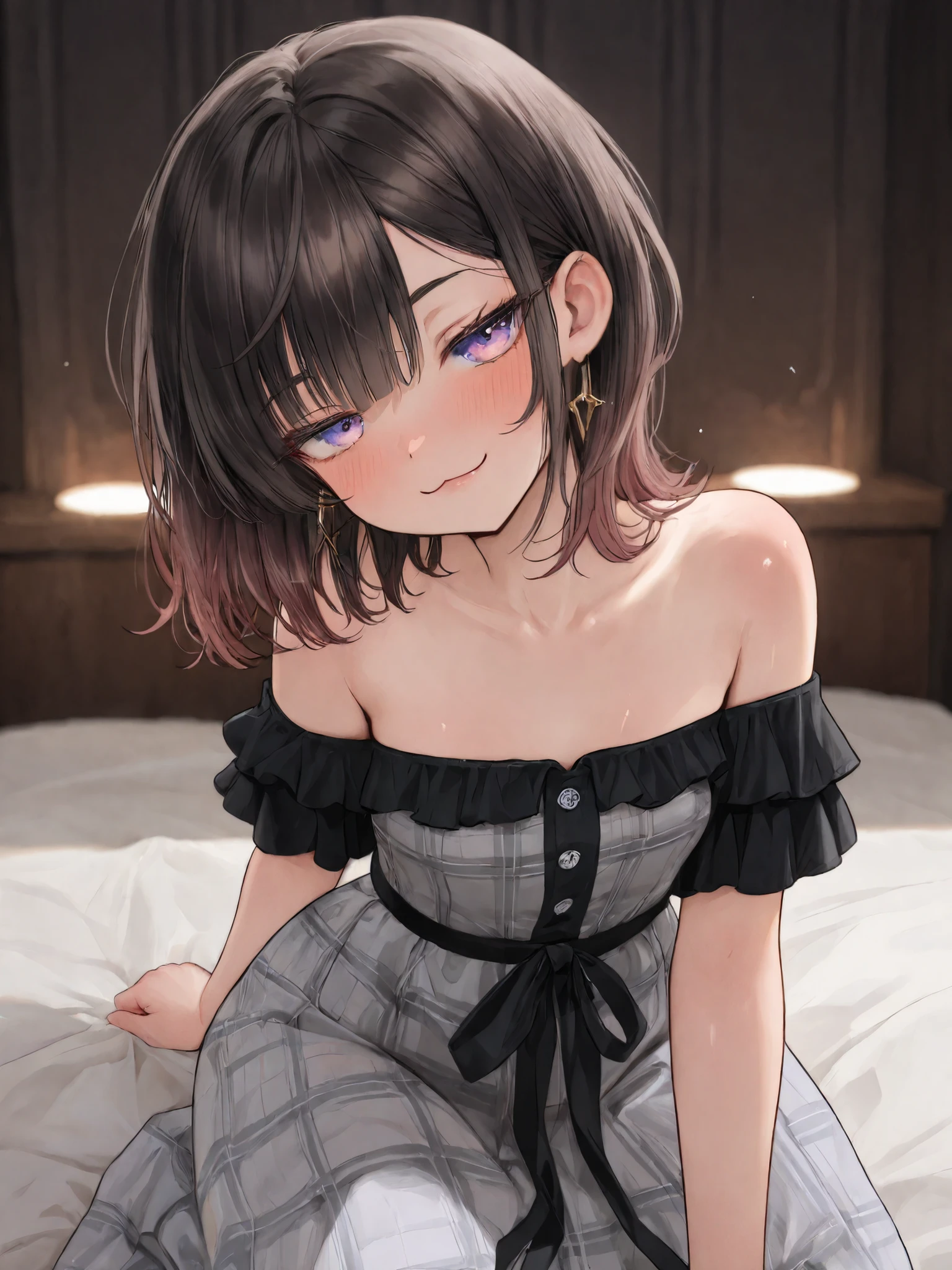 ((Masterpiece)), ((best quality, very aesthetic, absurdres, newest)), (8K), (cinematic lighting), ((1girl)), (cute young girl), (Healthy body, Textured skin, small breast, tilt head), Glossy hair, (Asymmetrical bangs, long side bangs), (medium hair, dark brown hair, unruly hair, gradient hair), ((smug, :3, blush)), (pale purple eyes, glitter eyes, gradient eyes, jitome), big eyes, (short eyebrows), glossy lips, (lower eyelashes), BREAK, ((Plaid dress, Off-Shoulder dress, hoop dress, strapless, ta fashion), Beautiful collarbones, ((outstretched arm, reaching arm at front)), Beautiful groin, (loose kneeling on the softly Bed, dimly lit room), indoor,