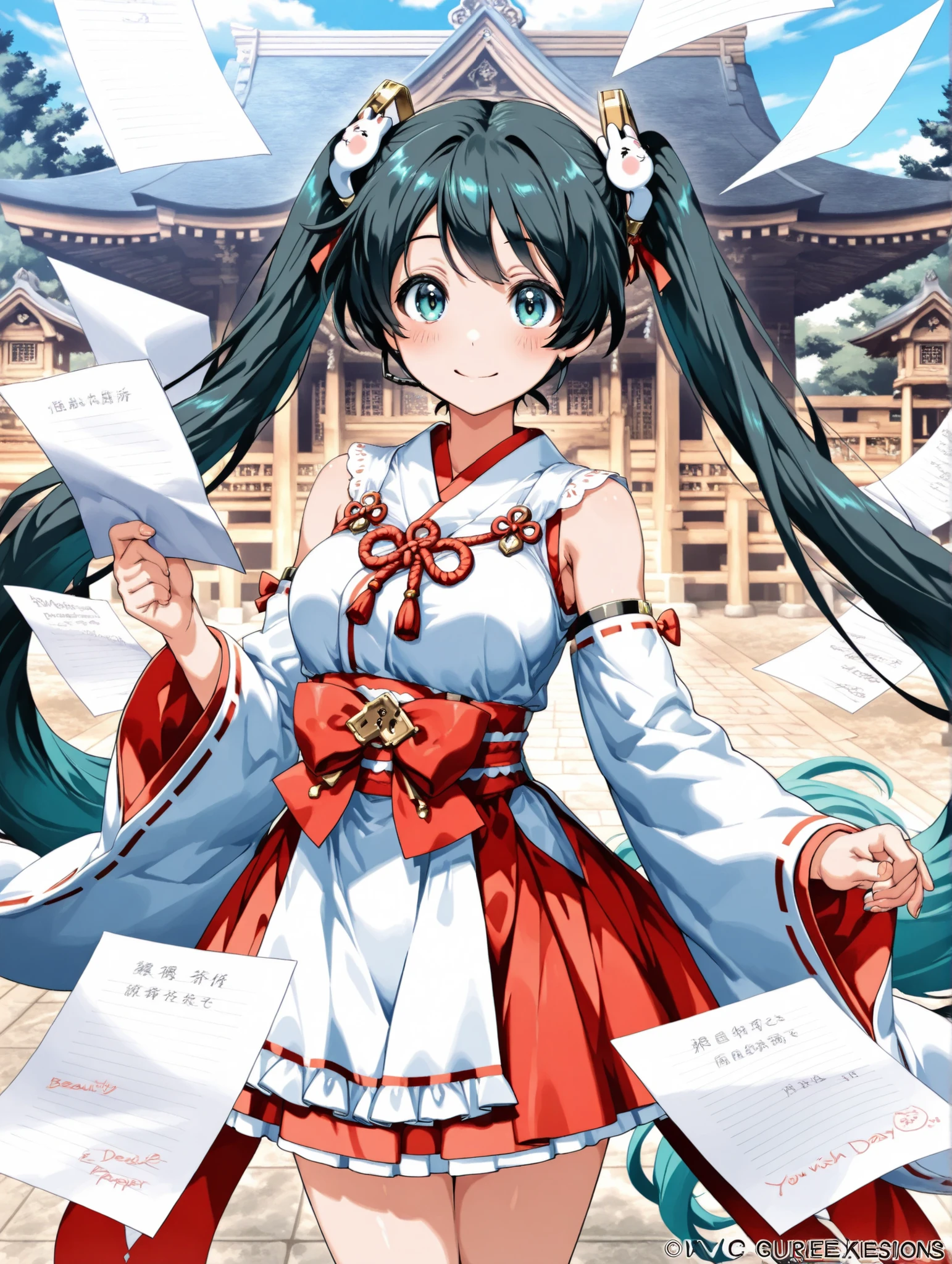 (masterpiece、Highest Quality、Highest Quality、official art、Beautiful Beautiful:1.2)、(1 girl on break day:1.3)Hatsune Miku、beautiful breasts、Light Green Twin Tails、Completed, masterpiece:1.2, Highest Quality, 8k, Beautiful Detailed Growth, dreamy expressions, Dazaifu Tenmangu Shrine, Plum Grove Brook, in their 40s, ((Hand Holding Paper, Write Your Wish on Paper)) solo:1.3 ((dull bangs)) (Very Cute Girl with Black Hair Long Hair, , Close Your Sexy Eyes, smile), shrine maiden costume.