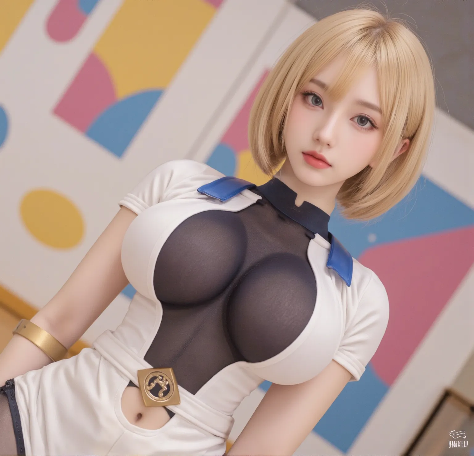 (masterpiece, best quality, perfect hands, perfect fingers, parfect face, high resolution, ultra detail, 16k:1.2), japanese girl, (10 years old:1.8), (boyish:1.8), very short hair, (clothing:1.8), gigantic breast, maid style bodysuit , cowboy shot, erect,