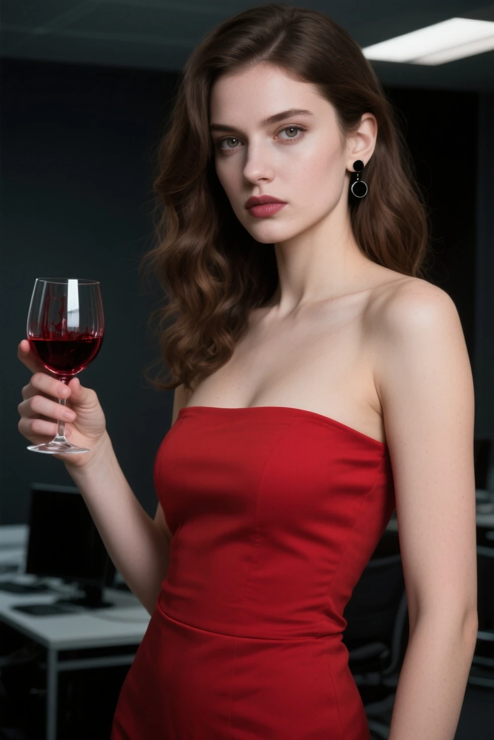 Beautiful lady , Professional Full body photo of Beautiful lady, clown, female clown, of (elegant, wearing 1950s red dress, elegant dress, long dress), (enjoying red wine in wine glass:1.2), fit body, small perky breasts, (pretty hands), perfect face, evil smile, detailed red eyes, side face tattoo diamonds, black hair with red tips, (detailed skin, pale skin, supple skin pores), [freckles], [beauty marks], (portrait), (saggy breasts:0.5), natural lighting, (backlighting:0.6),  graffiti background, playing cards background, bullets flying background, shallow depth of field, 8mm film grain, photographed on a Sony Alpha 1,  50mm lens, F2.8, (highly detailed, intricate details, fine), 8k, HDR, deep focus, cinematic film still from Mad Men
