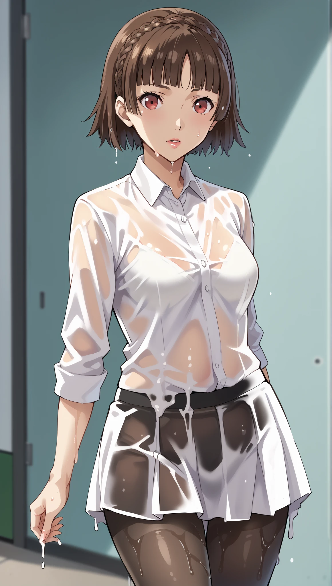 、(masterpiece、Highest quality)、Highest quality, Ultra-high resolution, (((masterpiece))), alone, Sweat、Big eyes, Composition from the front、Shortcuts、Embarrassed face、Bronze colored hair、Cut the back hair short、Bathroom、Shower scene、 Expose、Completely naked、pubic hair、belly button、Large areola、Nipples、short hair