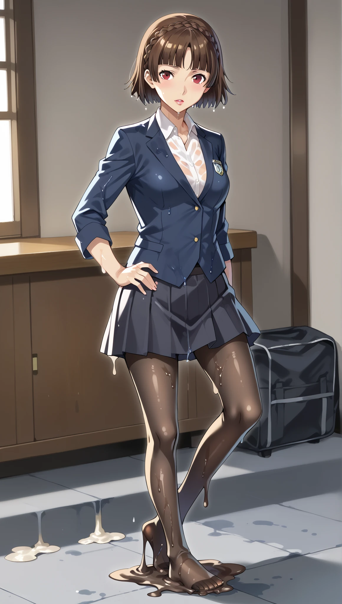 (masterpiece,Highest quality:1.3,best quality illustration,realistic),cowboy shot,1woman,20 year old Japanese beauty,((very small head:1.3)),Long brown hair,bangs,brown eyes,gorgeous eyes,blush,smile,small breasts,(very long bod:1.3),(toned body,slender body,skinny,tan skin),(Navy uniform navy blue blazer jacket、White Shirt、Navy blue tie、Navy blue tight mini skirt),gleaming skin,shiny skin,sweat,standing,Naval Base、Tokyo、