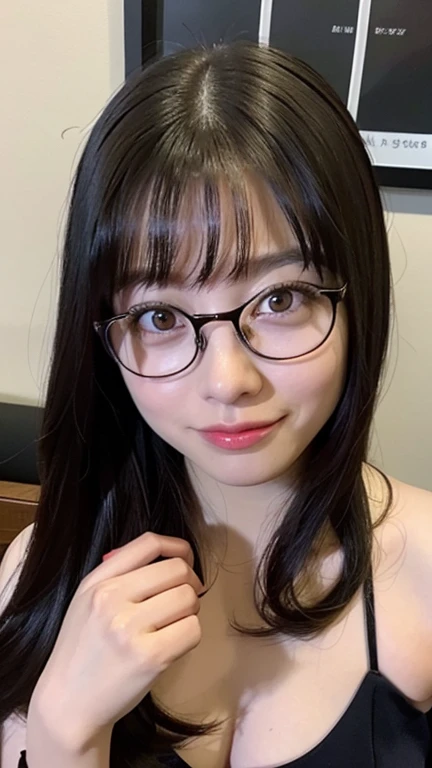 1girl,,smile,, (8k, RAW photo, best quality, masterpiece:1.2),(realistic, photo-realistic:1.37),1girl black_long_hair, blunt bangs, big breasts, nsfw, (((nude))), (((nude girl))), (((completely nude))), pussy, {{{pubic thick hair}}}, nipple, areolae, smile,glasses