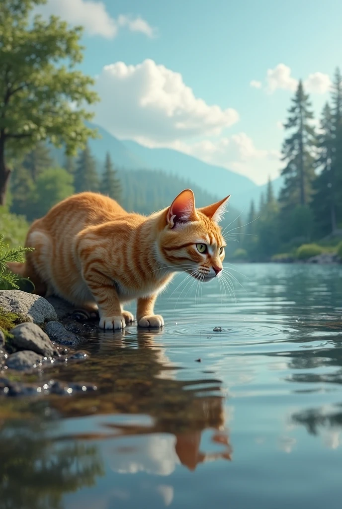 The cat is fishing in the river