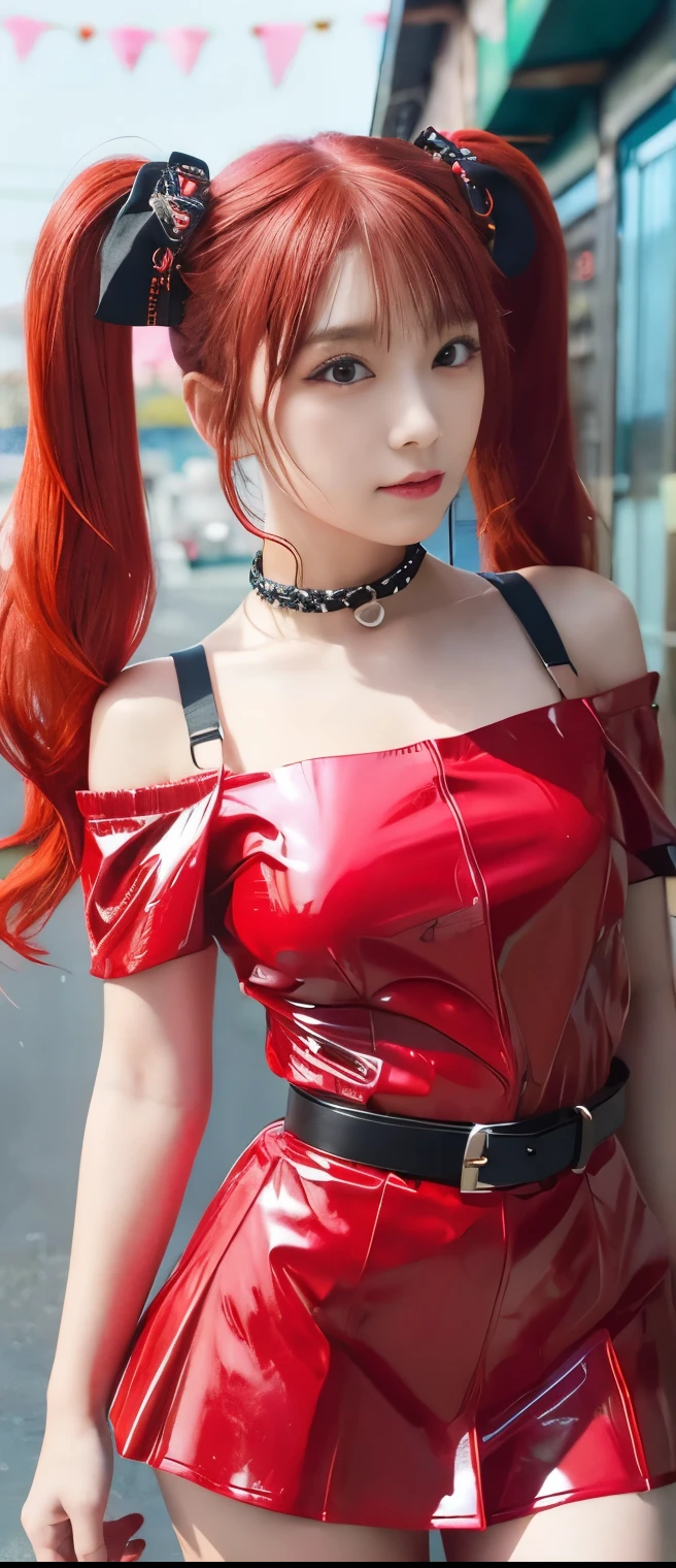 Fancy Idol Girl (colorful red rainbow hair)、twin tails、A pure girl's face、 hypo、 Fluorescent red Off Shoulder Shirt、red Latex fold miniskirt、black clothes gater Belt 、 fishnet、Glowing Punk Town