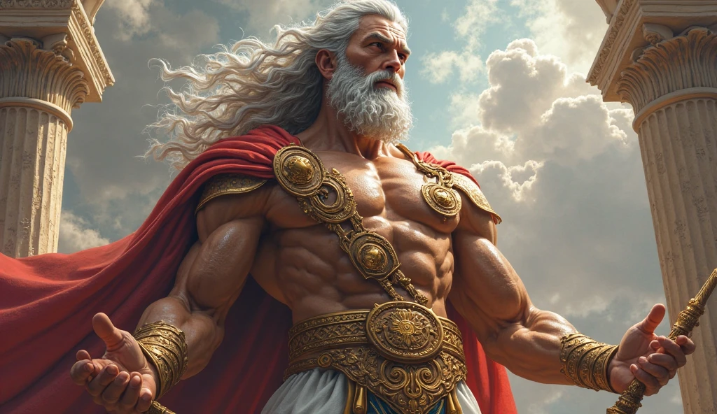 Stout Zeus painted portrait, Thor, Greek god, blonde, male, mature, handsome, upper body, muscular, robust torso, fantasy, intricate, elegant, highly detailed, digital painting, art station, concept art, soft, clear focus, illustration, artwork by Michelangelo and Gaston Bussiere and Alphonse Muya