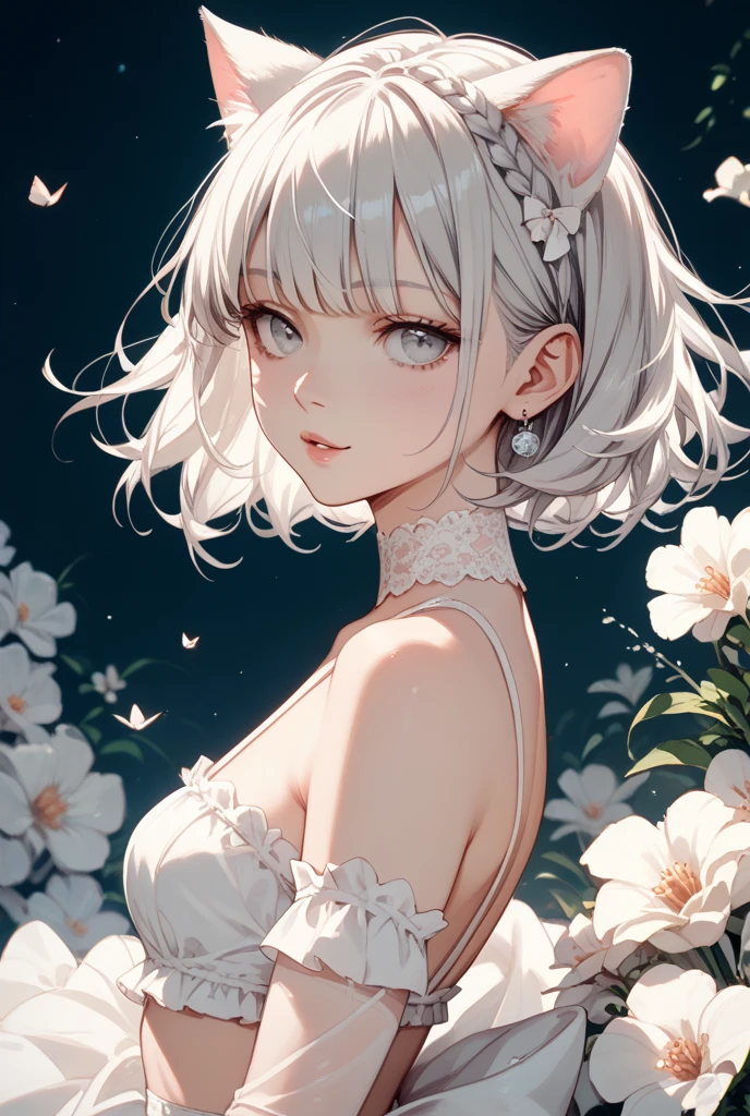 realistic, 1girl, white hair, purple eyes, glowing eyes, short dress, parted lips, blush, night, flowers, sun, sunlight,