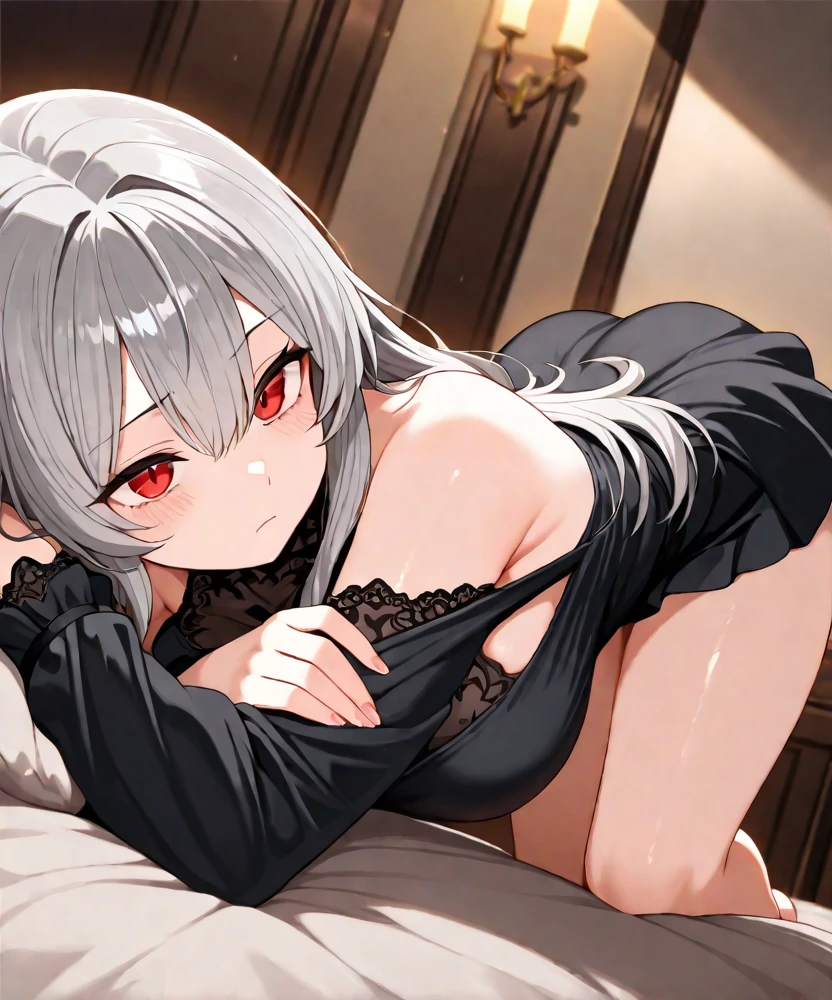 (1boy:1.7), 1girl in, (l:1.6), (Boy on top:2), (vaginas:1.6), ionary:1.7), (SEX:1.5), (Intensex:1.4), (hetero:1. (cum in:1.4), (male pubiair), (With boys:1.6), (laying:1.6), (Lying:1.7), (Laying down:2), (Head on pillow:1.5), (on back:1.6), (on the bed:1.6), (With boys:1.4), (Spread legs:1.4), POV, (or(Ahegao), 19 years old, y:0.5), NSFW, Full body, BREAK, (delicate illustration:1.3), masterpiece, (Best Quality:1.4), (High resolution:1.2), (8K, Raw photo:1.2), (Face Focus:1.3), Photorealistic, (dynamic angle:1.2), (red eyes:1.3), Open mouth, (in heat), oーFace, (Seductive smile:0.4), (Clean bedroom), (evil smile:0.6), bowl hair, (gray hair:1.5), (Sweat), (Looking at Viewer), (black ribbed sweater:1.5),