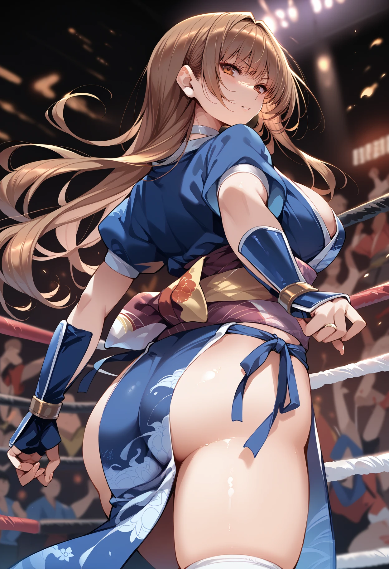 (masterpiece, best quality), mature female, milf, standing, cleavage, fw.yumiko, night, blue spirits, shaman, blue fire, damaged dark clothes, scared look, (defensive position), in a fight, ((fighting a Monster)), magic spells, ripped clothes, (full body), zoomed out view, (zoom out:1.3), attacking monster with blue flame spell, attack, fire in background, dangerous, dark dungeon, dungeon raid, (zoom out), (monster attack from behind)