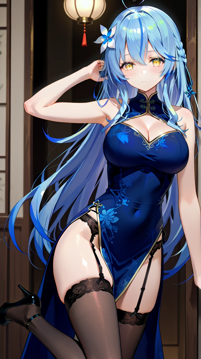 8K、top-quality、An ultra-high picture quality、ultra-detailliert、Ultra-realistic flesh feeling、full bodyesbian、A sexy、花魁、Beautuful Women、red and white、Kimono with visible collarbone、Long blue hair、kiseru、Blue eyes、shinny skin、Very gigantic-breasts、ample breasts、extremely big ass、shinny skin 、The background is a night playground --auto --s2