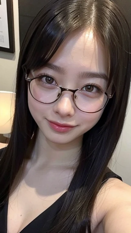 ((realistic, pale white skin:1.3,high resolution:1.3)), 1 girl with perfect figure, thin round glasses, smile, super fine face and eyes, long hair, white lace veil: 1.2 , in bedroom, sit on the bed, gigantic breasts, exposed cleavage