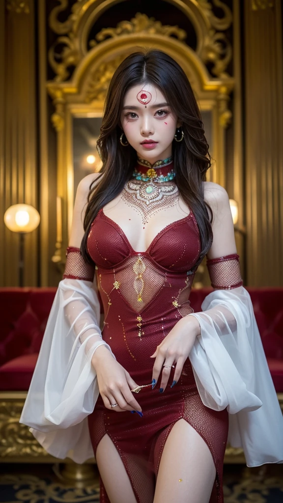 (Ultra Detail), (in 8K), (Masterpiece of T, of the highest quality, watercolor paiting (Pendants), (photorealistic stick: 1.2), Official art, aesthetically pleasing: 1.2), (Golden ratio: 1.2), (ultra - detailed:1.3), (1 girl: 1.3), (Cowboy Shot), Balanced figure with a length of 7 heads, Up to 4 fingers and 1 thumb relationship, Gentle smile, (Black eyes ), Girl with eyes, Facing the front, (Wine red hair), Beautiful face, Detailed face, Perfect proportions, Huge breasts, thin waist, Navel, Crotch gap, thighs thighs thighs thighs, The navel and thigh are meat, (Half) Transparent cheongsam: 1.3), (Red dress), Very colorful, (heterochromia iridis), (Very colorful: 1.2), (Intricate details), (best quality backlight), ((The best lighting , Very delicately beautiful)),(Ray Tracing Reflections),((Red lip glaze)),(Gemstone Eyeshadow),Delicately beautiful face and eyes, Focus on Face,(Neat and clean woman),(night sky full of stars), Blurred background, camera settings, F1.2,