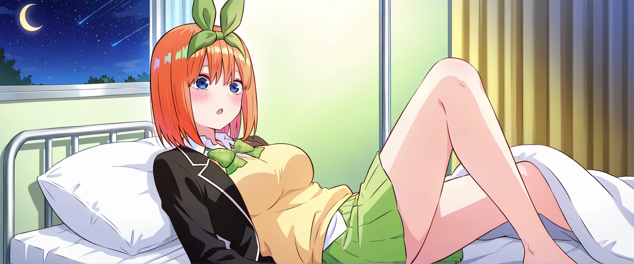 1girl,unwellness sickness nakano yotsuba, large breasts, orange hair, blue eyes, short hair, hair between eyes green bow hairband, black blazer, open blazer, yellow sweater vest, white collared shirt, bowtie, plaid bowtie, green skirt, pleated skirt,knee up,Infirmary,bed,screen,lie down on a futon,crescent moon, star (sky), dark room, night sky,