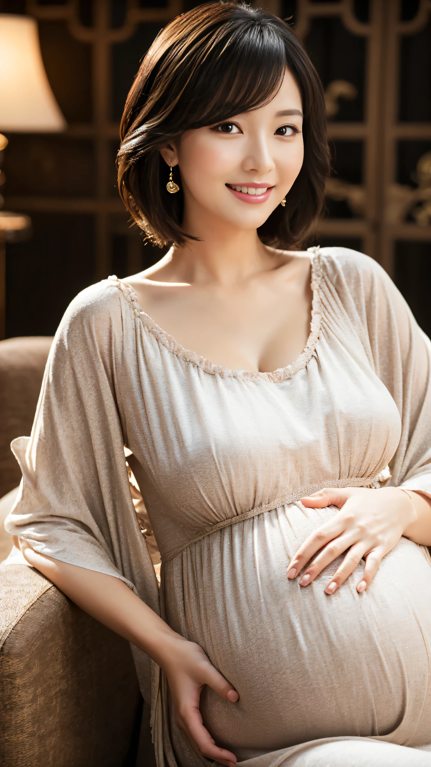 (highest quality、table top、8K、best image quality), The most beautiful and elegant 45 year old mature woman、 (standing elegantly:1.1)、(Photo above woman's legs:1.1)、beautiful detailed face、(standing in the living room:1.1)、very slightly pregnant、Elegant and beautiful maternity wear、clavicle、(A sad and fleeting smile staring at me:1.1)、perfect makeup、(Bewitching、A sexy mature woman)、cleavage、soft big breasts、(Perfect composition showing the most beautiful women:1.1)、plump body、(Romantic and moody warm lighting:1.2)、lipstick、long eyelashes、perfect shiny beautiful lips、plump lips、beautiful and elegant eyeshadow、 the most beautiful and classy hairstyle、(accurate ???????:1.1)、blurred background