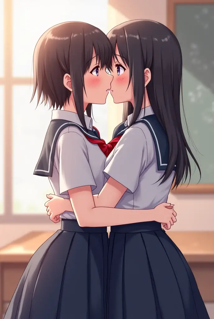 evening,Shooting from the side, ((masterpiece)), ((Highest quality)), (Very detailed), beautiful girl, Kissing Scene, High school kiss, (beautiful girl, High school kiss passionately), , ((Cute high school student. Black Hair)), White shirt,(Wet shirt, Underwear Line), Pleated skirt, (Beautiful ass、Beautiful body lines), Slender body, ((Mid-chest, Beautiful waistline)),(Red cheeks),Sweat, library, Upper Body, Shooting from the side