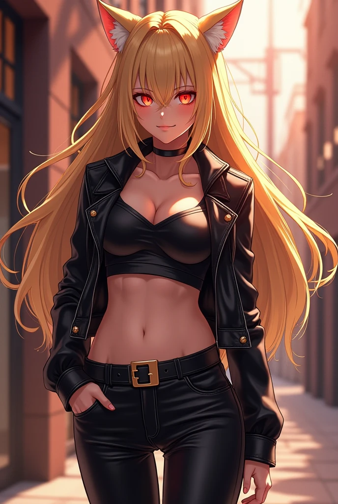 beautiful girl with long straight yellow hair, bangs and red sharingan eyes, pure white skin and big breasts and wearing a konoha headband. wearing a crop top and wearing a black blazer and shorts wearing fishnet stockings