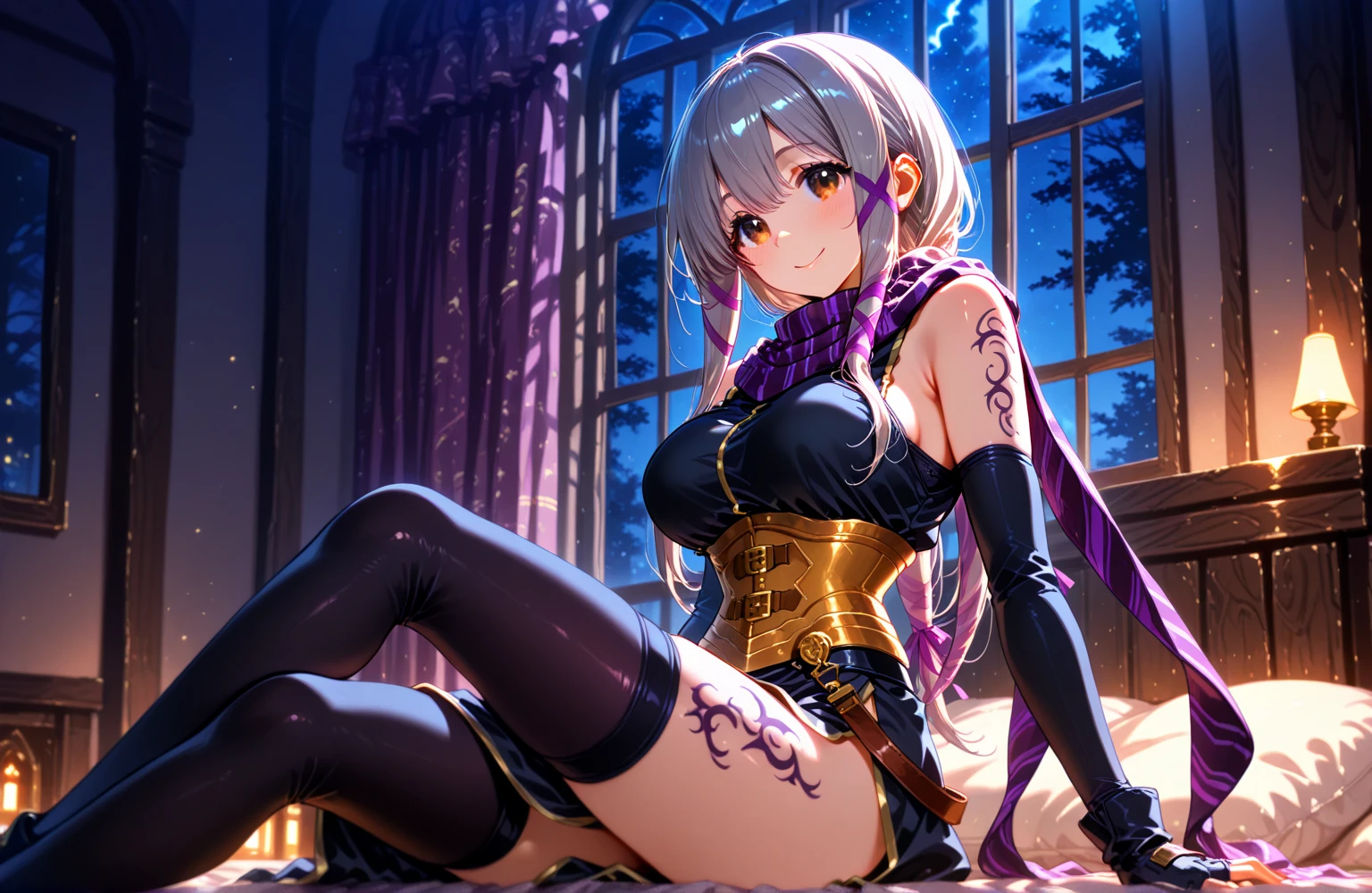 Furry cat girl with a ponytail, seductively exploring a medieval fantasy castle, revealing a highly detailed face and captivating eyes, dressed in provocative micro armor, surrounded by vibrant and colorful scenery, rendered in stunning 4k quality.