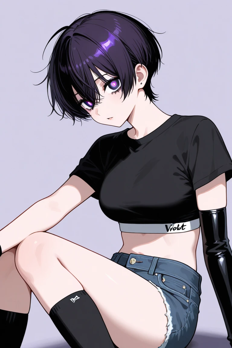 mature woman, mature body, goth, hot face, black lipstick, tongue out, teasing expression, seductive grin, hot face, (sharp eyes), gray eyes, short hair, messy hair, black hair, slim body, medium breast, short pants, hot pants, black clothes, midriff, sitting down, (sitting on rolling chair, sitting in front of a computer, flat schreen computer), crossing legs, view from side, side view, living room, (masturbating, hands in pants)