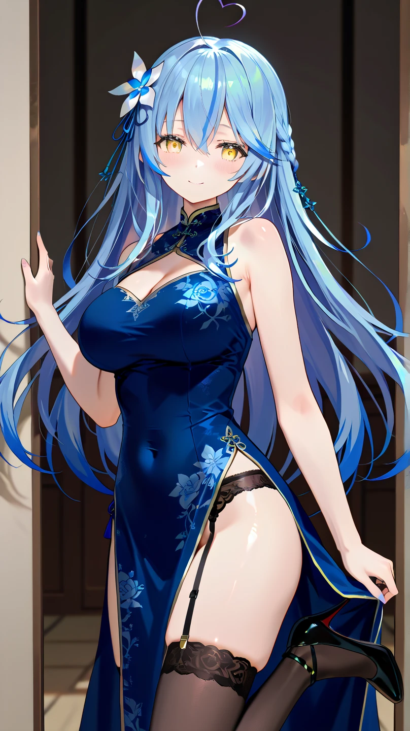 1 girl, wavy hair, long hair, blue eyes, erect nipples, areola slip, big breasts, earrings, blushed, brocade pattern, china dress, pubic hair, no panties, blurry background