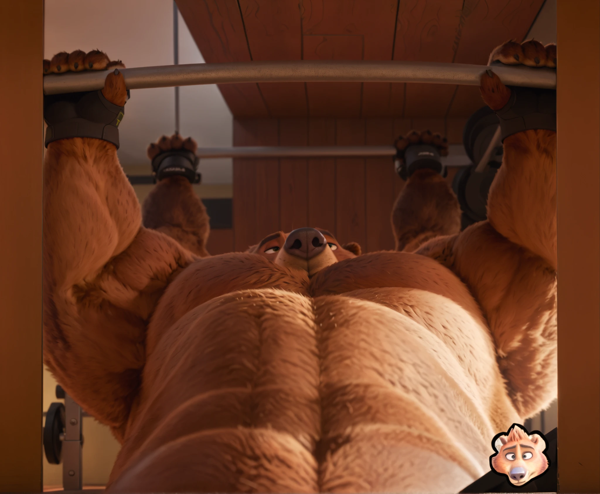 serious expression, muscular build Kodiak brown bear, gloves, gym workout, lying down pose, looking up, focused on exercise, indoor gym setting, wooden panelled ceiling, mirrored wall, warm lighting, shadows creating defined contrast, determined atmosphere, low angle, close-up perspective, DSLR camera, zoom lens, Zootopia, 8k, masterpiece