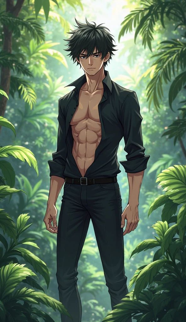 (absurdres, highres, ultra detailed), 1 male, handsome, wearing only a speedo, dad body, bulge, next to him a naked little boy dappled sunlight, day, depth of field, plants, summer, (dutch angle), closed mouth