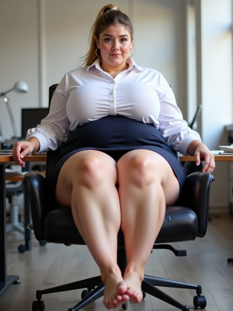 8K、Ultra-high resolution、Ultra-high resolution、super high quality、Ultra-realistic、Highest quality、masterpiece)(Cute Japanese Woman、Short blonde bob:1.1)(Huge 、Mature Woman, Mom Type, Mom Type, Very large breasts:1.7,Curvaceous figure, Bright red lips, Perfect body, Sensual appearance, Curvy Model, Very plump body, Sensual body, Plus Size Women, Attractive plus size model.:1.5)(office lady、White sleeveless turtleneck、Grey tight skirt、High heels、Hide all breasts、Drawing from the front:1.38)In the office district、(Open your legs wide to the sides、Sit on a chair with your knees bent to the side.:1.18),(((Being aware of the sexual gaze of middle-aged men)))、Service shot、Spread your legs,((A chest that's about to burst,Huge breasts:1.4))),(((Pregnant with a protruding belly:1.2)))、Are fat、(((Accurate hand and cheek expression:1.2)))