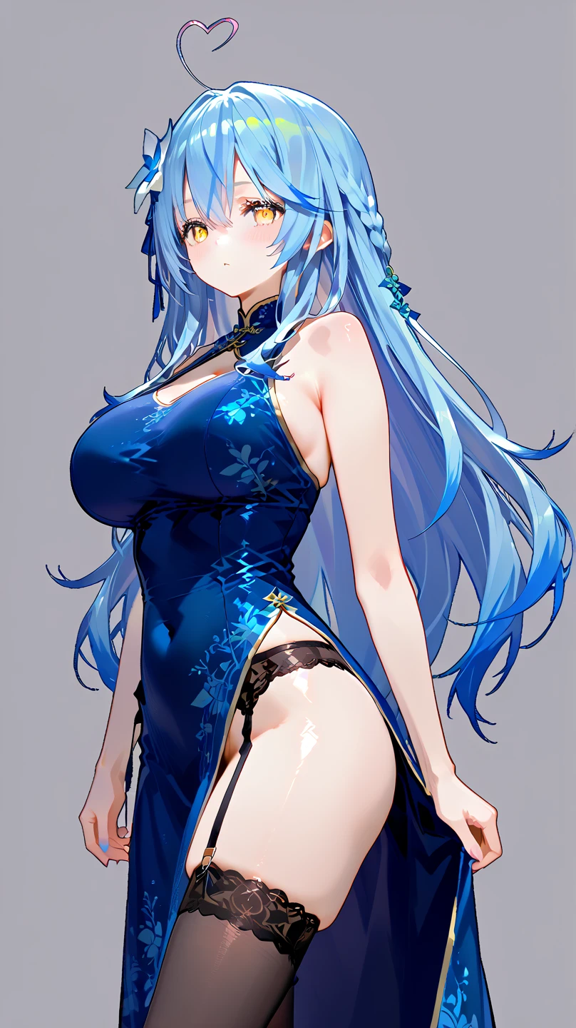 The best quality, high resolution, detailed 4k CG, masterpiece, amazing art, fine details, high details, complex details, blue long hair, girly feeling, big eyes, pure desire, lovely, young and beautiful,Beauty with pubic hair,Expose navel,Shy girl,Big chest,Untidy clothes