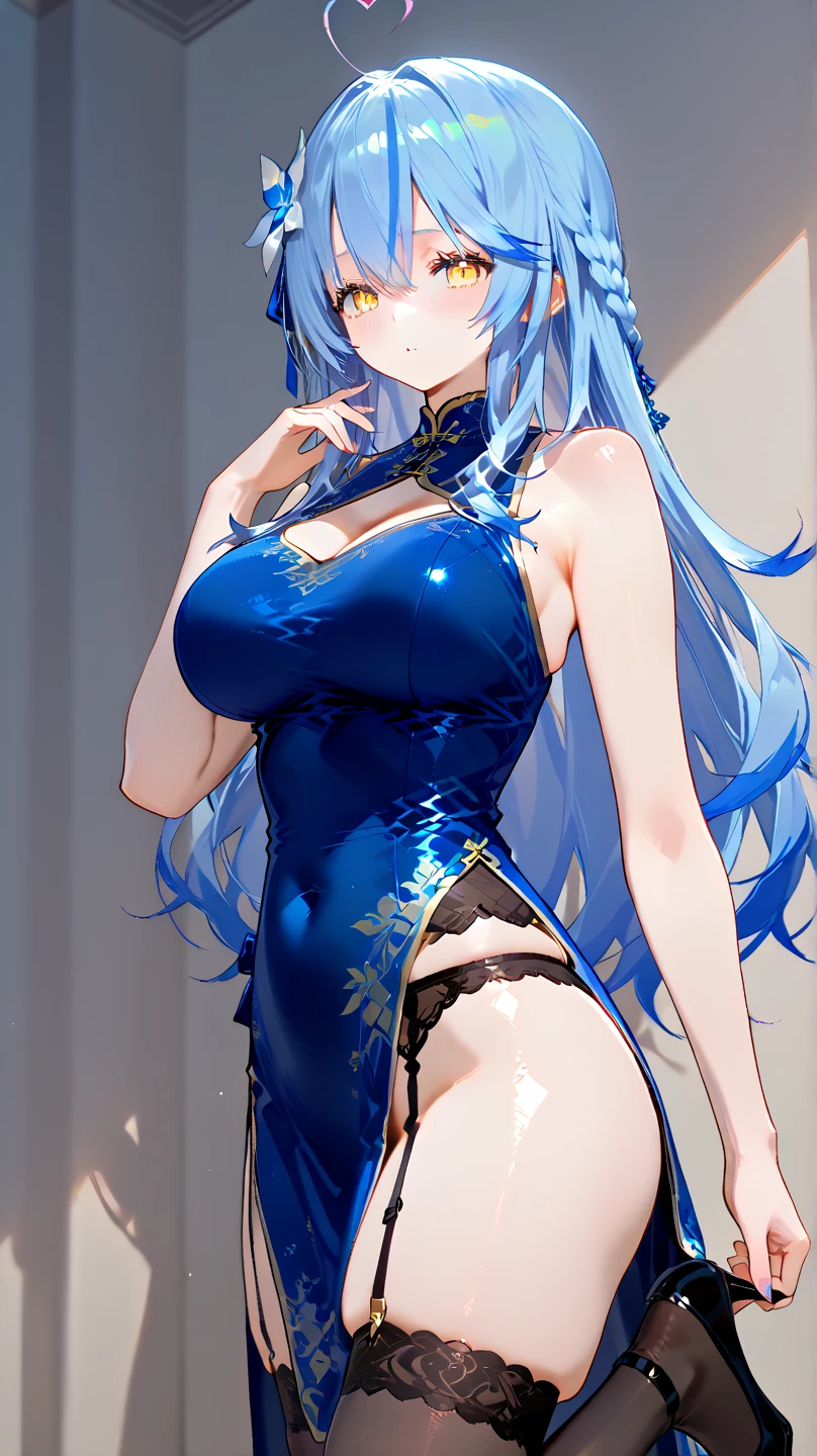 beautiful girl, Gray Hair, blue eyes,blue eyes,Chinese dress as underwear, white decoration、Very large breasts、((Firm breasts:1.3)),to close range、Blue earrings、Blue Necklace