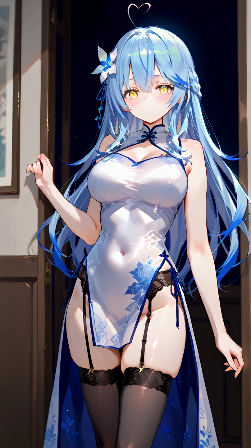 (highest quality, 8K, 32K, masterpiece, UHD: 1.3), 1 female, (Oversized: 1.3), perfect figure,, (attractive), (Sheer skin)) 、((((Transparent see-through dress))))、see-through dresses、lace sheer dress、Transparent dress、Sheer skin、Transparent dressを着た美しい裸の女性、solo、best style、big breasts、The most beautiful in the world、unparalleled beauty、long hair、 ((blue bathhouse)),、Blue lighting. concept art stunning atmosphere, blue atmosphere, beautiful concept art, Dark Majestic gorgeous public bath, Inside the blue palace、(blue water辺、blue water)、blue reflection、Cyan color、get wet in blue water、Blue light、Blue World、Expressive、sexy pose