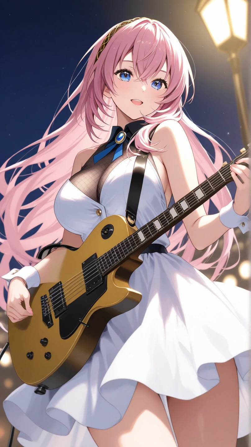 1girl,solo,cute,pink hair,big breast,cleavage,mini skirt,she has a guitar,on the stage