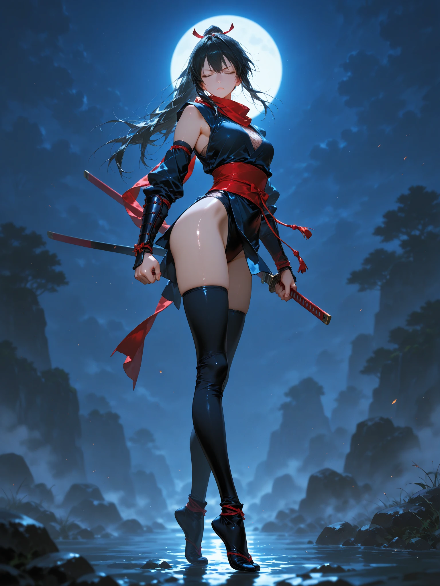 Young Woman, Ninja, Transparent Body(black), Kabuki Mask, Dagger, Jumping, Rooftops, Nahct, Moon and Stars, Sexy, Underboob, Transparent Pussy,