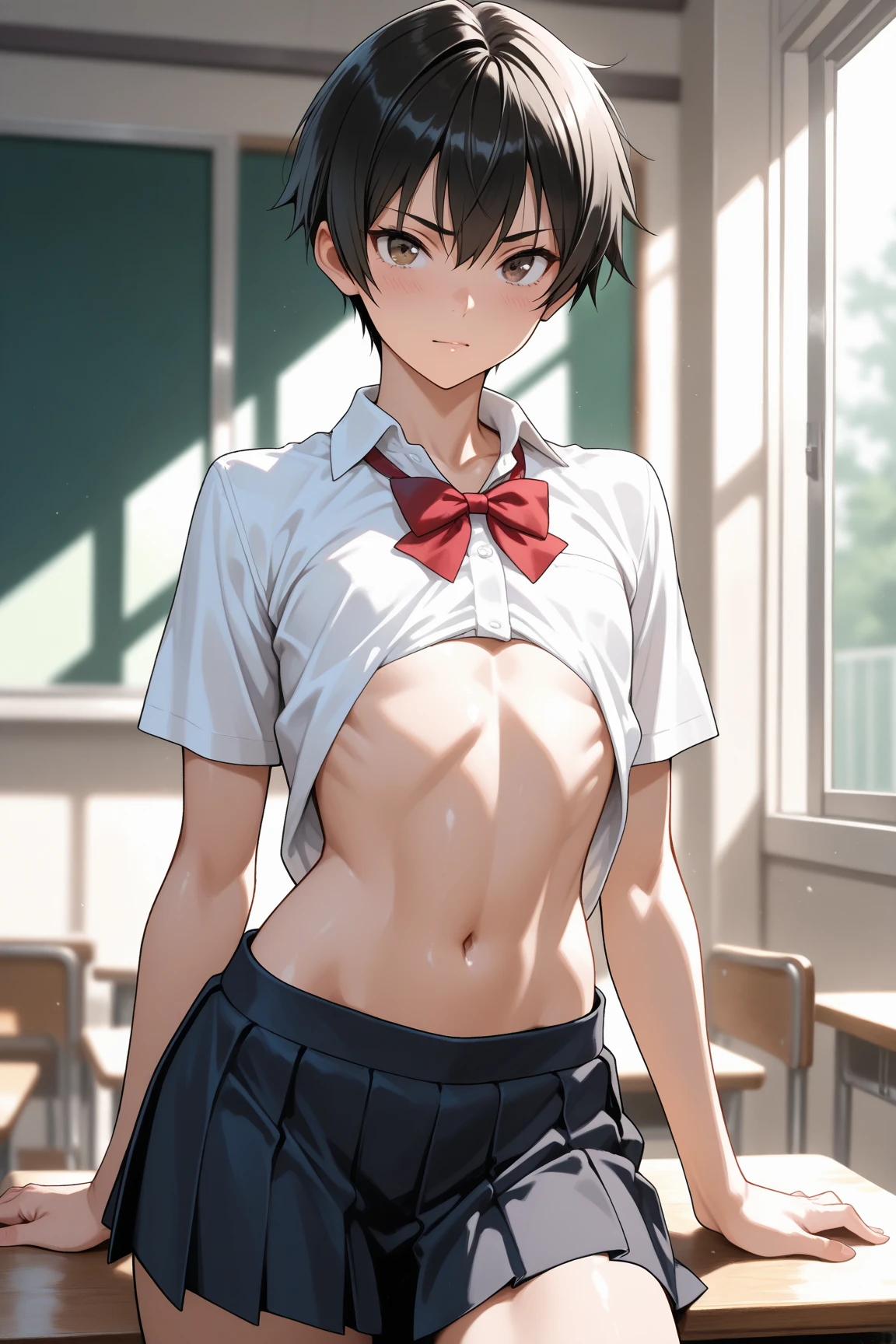 1 female,Suguha Kirigaya,white sailor suit,short sleeved,covered nipples,croptop,gray low-rise micro pleated skirt,breasts,leanbody:1.5,