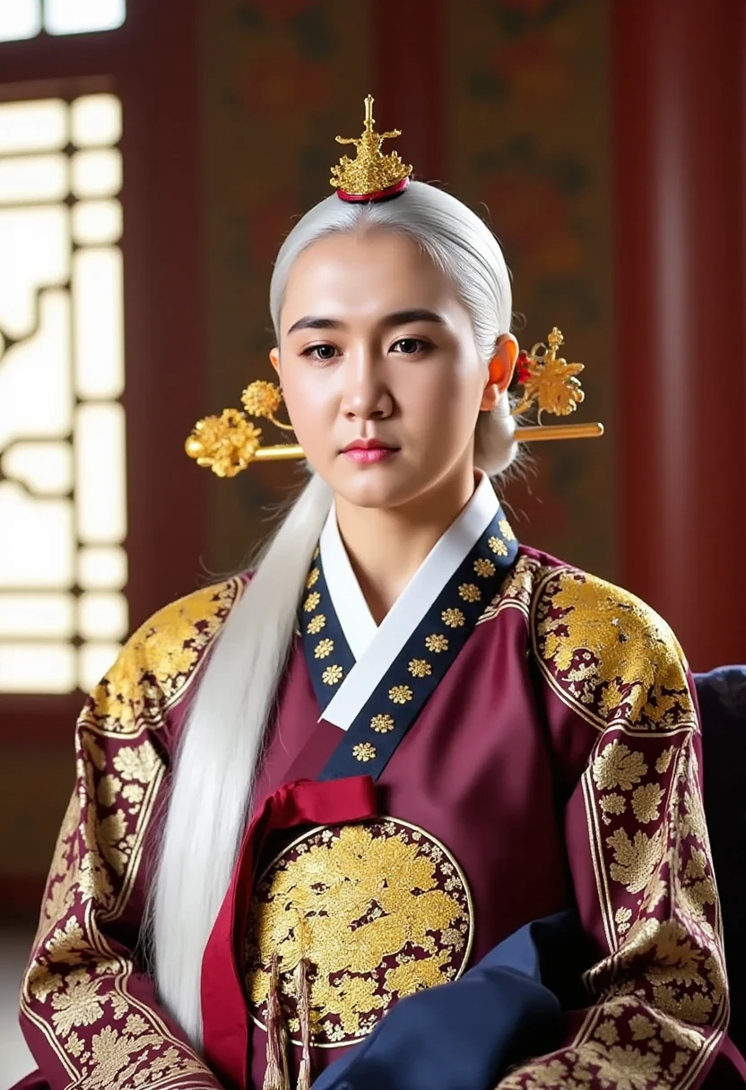 [CHARACTER: Tang Dynasty Imperial Noblewoman]  
Appearance: A breathtakingly beautiful Chinese woman with luminous porcelain skin, elegant oval face, soft round eyes, and an aura of authority mixed with sensuality.  
Outfit: Wearing an **extravagant Tang Dynasty hanfu**, with layers of **rich silk robes** in hues of deep red, gold, or royal purple, adorned with **phoenix and peony embroidery**, golden trims, and flowing wide sleeves. Her outer robe drapes gracefully, revealing inner layers with intricate brocade.  
Hair: Styled in a **tall, elaborate Tang court updo**, decorated with **gold phoenix pins**, **jeweled crowns**, **floral hair ornaments**, and **dangling pearl strings**.  
Expression: Regal and composed, with a soft, knowing smile or a serene, powerful gaze — full of imperial charm and timeless grace.  

[SCENE]  
Location: Standing or seated in a **Tang Dynasty palace hall**, or on a marble terrace with carved dragons, red pillars, and hanging silk drapes. Optionally near **an imperial lotus garden** or **silk-curtained balcony** overlooking the court.  
Lighting: Warm golden indoor lighting, with beams of sunlight from tall windows or lanterns casting soft highlights on silk textures and jewelry.  
Mood: Grand, majestic, and intimate — capturing the elegance and dominance of a woman born to rule.  

[CAMERA]  
Full-body or mid-length portrait, capturing the flow of the robes, the headdress, and facial expression. Side angle or slight tilt for cinematic drama.  

[STYLE]  
Ultra-realistic 8K, cinematic lighting, dramatic shadows, soft focus on background to enhance regal presence.  
Avoid cartoonish tone — use royal color palette, authentic textures, and Tang Dynasty aesthetics.
