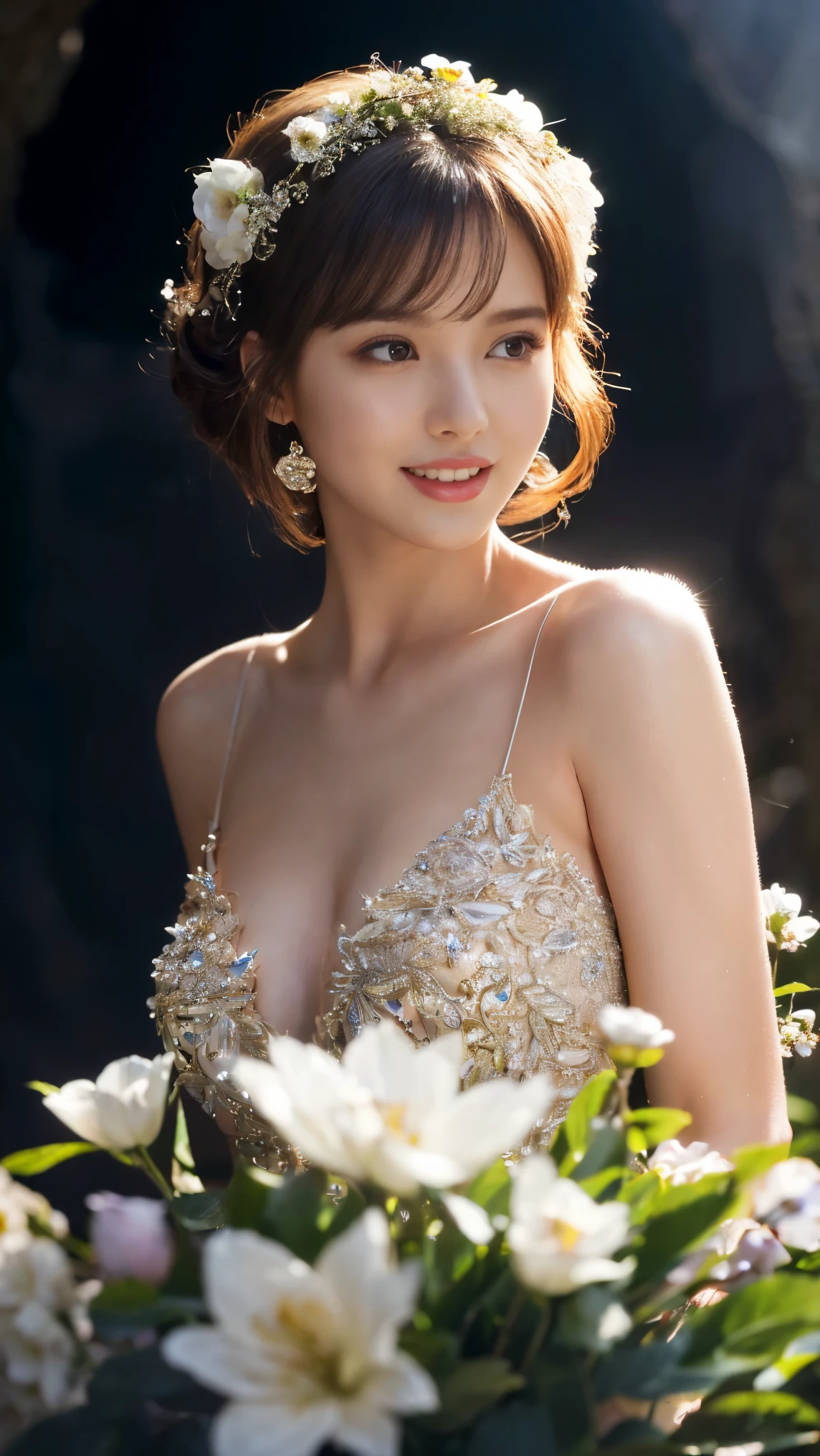 ((Tabletop:1.4, Highest quality)), (Realistic photos:1.4),
((1 Girl)), (Pure actress), (dream-like),
(超High resolution:1.2), Very delicate and beautiful, wonderful, Very detailed CG Unity 8K 壁紙, Very detailed, High resolution,
Soft Light, Beautiful detailed girl, Very detailed目と顔, Beautiful and detailed nose, Beautiful and detailed,
(Wear a gorgeous sparkly dress:1.3),
Cinema Lighting, Perfect Anatomy, Slender body, (Parted bangs),
(A flower garden in a cave:1.3), (Flowers Blooming in the Dark々The brilliance:1.5), (Light and dark emphasis), (Wonderful beauty),
Cowboy Shot, Looking at the audience, (smile)