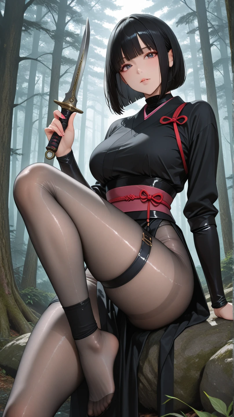 ((1 woman in sexy nurse outfit)),((medium breasts)),((happy face, in a forest, blushing, face, holding a knife with blood)),((walking, wet pussy, nipples erect)),((very large pubic hair)),((short black hair with a white stripe)),((facing the viewer, in a forest)),