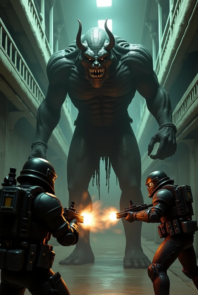 wo male police officers are in a cell with a giant creature in the background, cgi clay sculpture, die antwoord music video, still from a music video, vfx, highly detailed surreal vfx, japanese vfx, cgi special effects, bigstudiovfx, weta studios, vfx art, cgi art, still frame from a movie, highly detailed vfx scene, large video statues --auto --s2