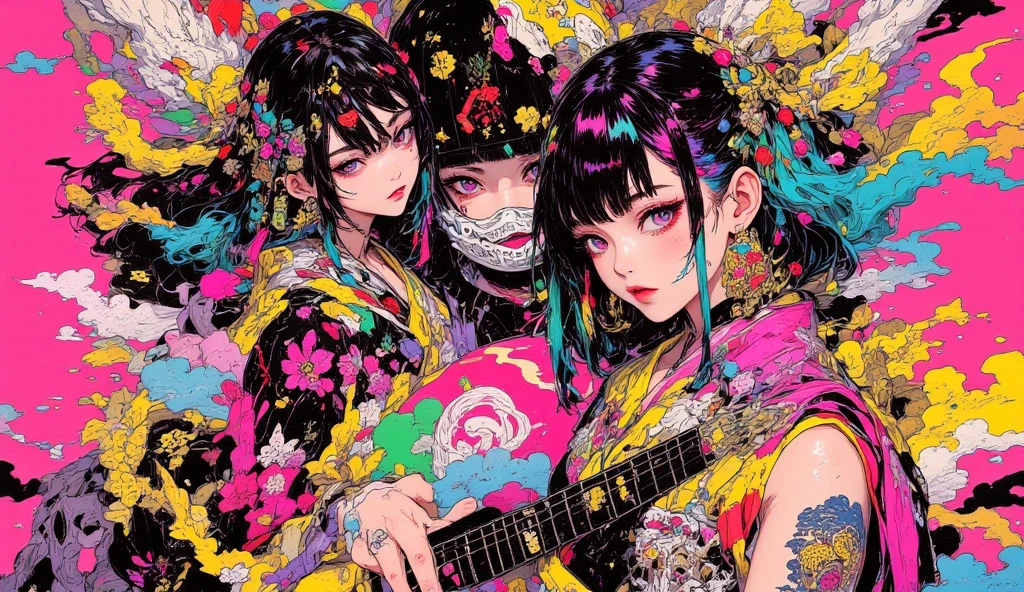 Black Hair、Black Feather、Gothic punk dress、Legs sticking out, Crossing your legs、anime zombie witch design, Crossbones, Streetwear Design, Provector, Horror Style, Full Design, Only 6 colors, Solid Colors, No Shadow, Full Design, Stickers, Bright colors, White Background.Ultra-fine illustrations,(((Beautiful fine hair))),(((Beautiful Faces))),(((Beautiful background))),(((Beautiful fine hair))),(((Beautiful Faces))),(((Beautiful background)))、Black Hair、Blunt bangs,Undershot,yukata,Tanabata,River side