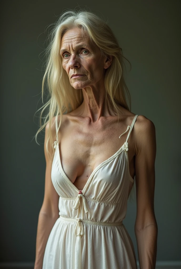 1 anorexic skinny old woman, nude, anorexic 75 year old Deborah Harry lookalike, ((half length body portrait, sad aged face appearance, over 75 years old, naturally old but very slender sexy,)), masterpiece, best quality, super detailed, legs open (((platinum blonde 1970s disco shag hairstyle with very long peekaboo bangs))), ((very dark dramatic eye makeup)) and ((extra long lashes)), ((thick red lips)), medium round perky titties with (upward pointing tiny pink nipples), round small perfect white anorexic ass, puffy tits ((sparse sexy white and gray pubic hair)), ((puffy red just-fucked pubic mound)), tiny thin narrow ((20-inch waist)), anorexic extra skinny veiny muscles arms, extra thin and skinny and veiny anorexic muscular legs, dramatic indoor light with a skylight, f/5.6 bokeh drama inside an abandoned factory building, she is leaning against a wood and metal work bench, a broad sexy smile looking straight at the camera, (film grain: 1.3), backlight, (lens flare: 1.1), (halo: 1.1), (chromatic aberration: 1.1), (warm tones, warm tones), aging old 75 year old very skinny anorexic thin sexy Deborah Harry lookalike, ((hard erect nipples are clearly seen through her top)), she is such a hot GILF, (aging wrinkled and age-spotted freckled face)