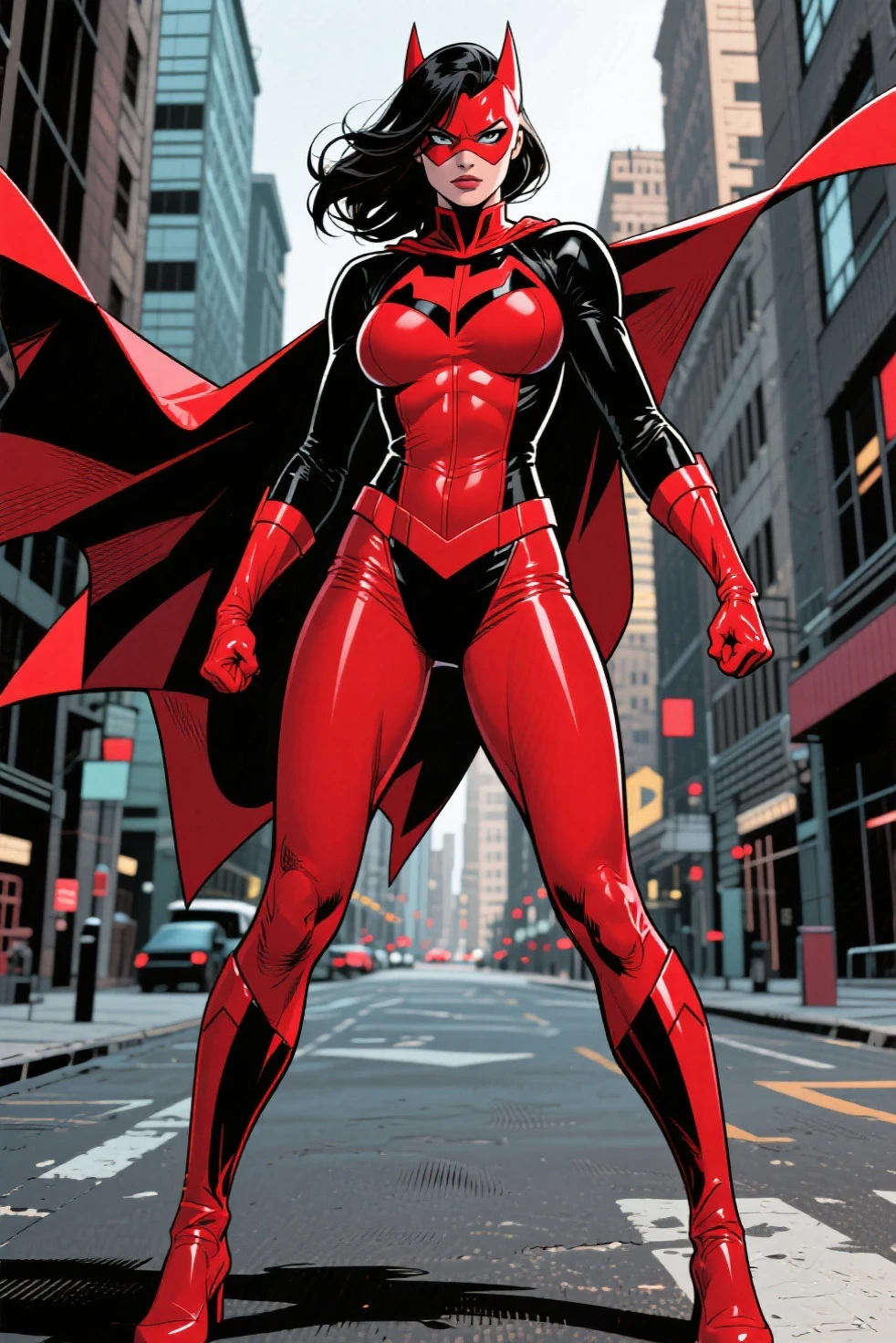Red skin succubus tiefling, medium breasts, black horns, wings, huge tail, black leather, tall, toned, graceful, thin, long black ponytail. Action scene, shotgun.