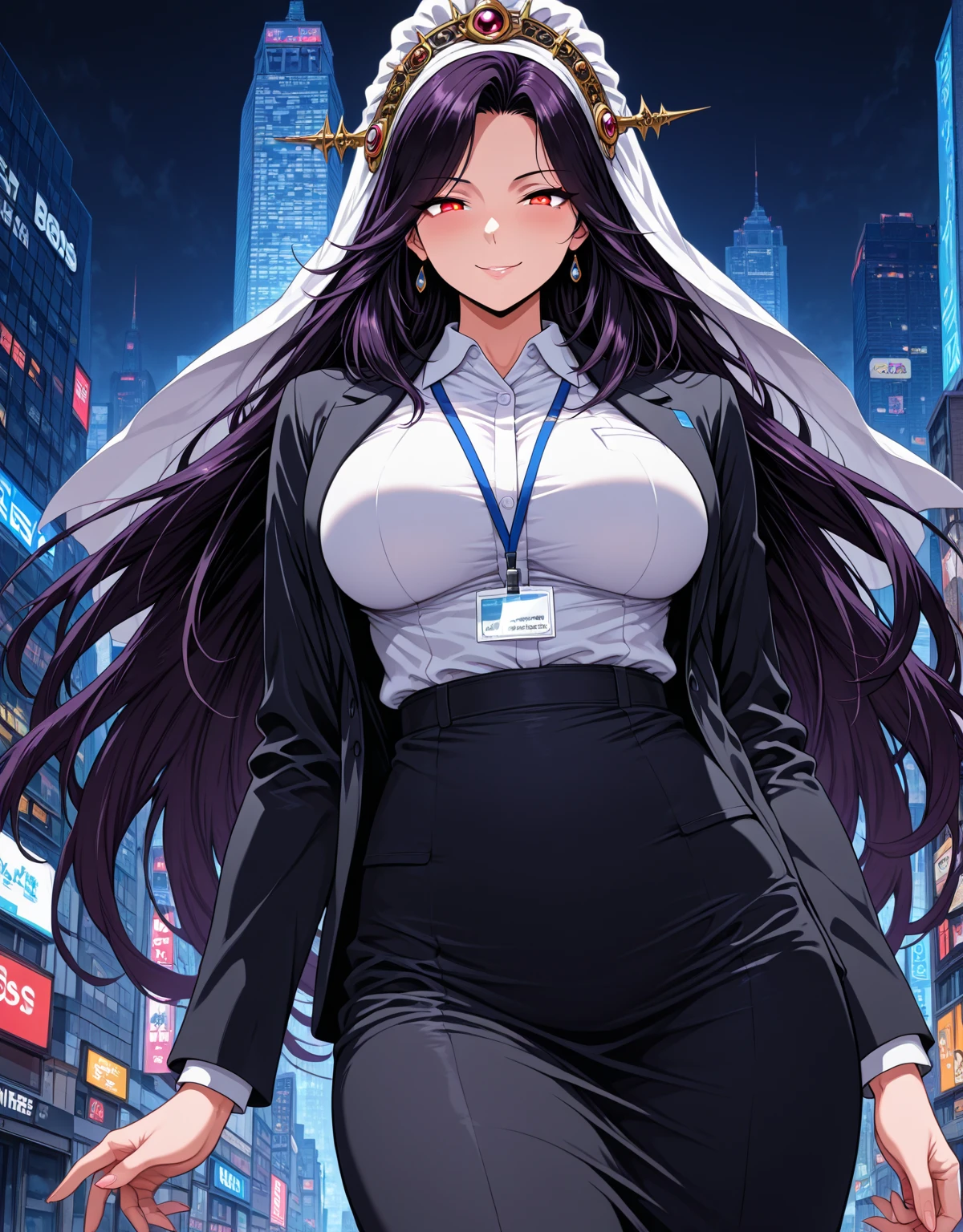 1girl,solo,long hair,bangs,black hair color,light purple eye color,White coat,huge breasts,slender,tall person,looking at viewer,near, hotel district