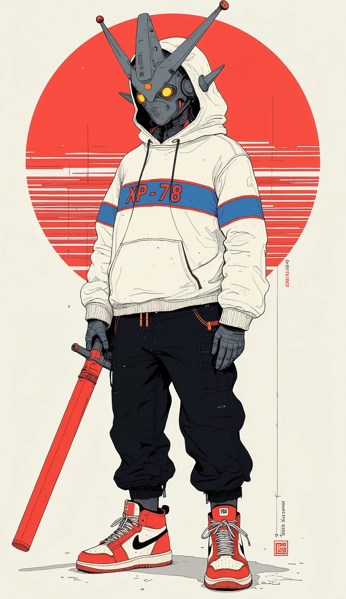 The stylized character combines elements of futuristic design and urban street fashion. this figure stands confidently , He wears a white hoodie with blue and red stripes, Displays text prominently "XP-78." A hood covers his sleek robotic head,Gundam Head、 It is reminiscent of Gundam mechas with their angular features, Prominent V-shaped crest, The visor suggests high-tech functionality. The character holds a red sword in his left hand, Highlights the fusion of traditional and modern. Black baggy pants complement the outfit, Paired with fashionable red and white Nike sneakers. The background features a circular red design made up of horizontal lines, Adds a sense of depth and movement. The overall vibe is one of futuristic rebellion, It blends anime-inspired aesthetics with modern urban culture, Makes a unique and bold visual statement.