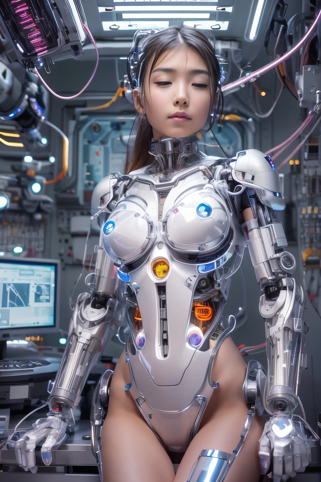 Highest Quality , high image quality , masterpiece:1.2), very detailed, realistic:1.37, ( Completed ), 1 girl on break day, viewed from above ,Photo taken from the ceiling, full body image , Cute and Beautiful Japanese Girl ,20 years old,(Cyborg sitting on the surgical dock),(Cyborg transformation surgery:1.1), very cute face ,,( close your eyes :1.4), beautiful skin , Detailed Facial Features,beautiful hair,headbrace with many cables, (Futuristic Clear Glass Cyborg Body:1.3),( The detailed electronic circuitry inside is clearly visible:1.4) ( natural makeup),( has many cables connected to the main body.:1.3), Exquisite decorative details , Cyberpunk, bright light,( background is robot operating room ....:1.2).